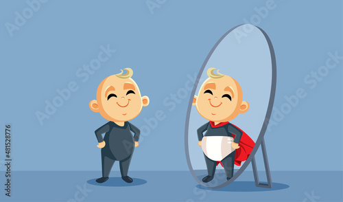 Funny Infant Seeing a Super-Baby in the Mirror Vector Cartoon