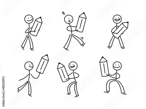シンプルな棒人間のイラストセット　鉛筆を持つ