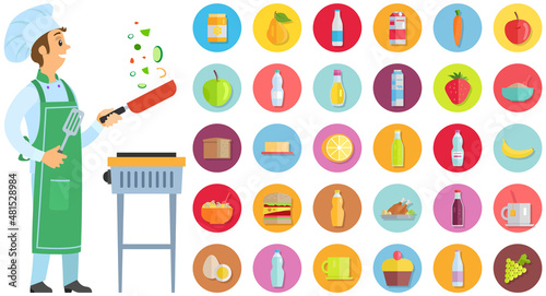 Chef stands with spatula and frying pan in hand. Smiling man in apron preparing dessert food, products icons. Confectioner whips ingredients for dish. Chef works with kitchen equipment to prepare food