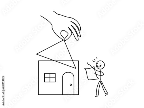 シンプルな棒人間のイラスト　家を建てる