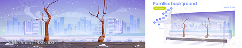 Parallax background winter city street with bare trees, blizzard and snowdrifts. 2d Urban cityscape with buildings skyline at wintertime season, separated layers for game animation Vector illustration