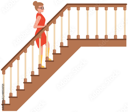 Woman in dress climbs stairs holding on to railing. Stairs classical icon with banisters fence. Ladder, wooden staircase with handrail isolated on white background. Lady climbing up steps of stairs