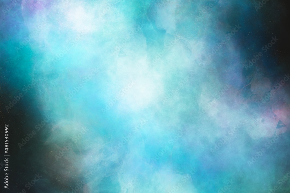暗い星空のイラスト背景）シアンの星雲　夜　綺麗　雲　気体　光　宇宙　ダーク