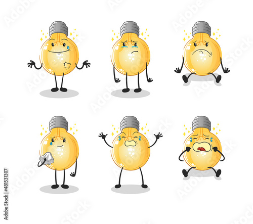 bulb sad group character. cartoon mascot vector