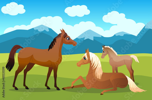 Family of horses in the pasture. Background with mountains in the background. Vector flat illustration.