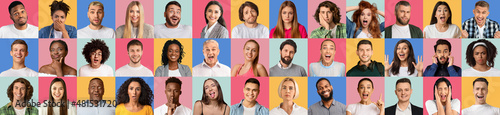 Set of diverse real people portraits expressing various emotions at camera over bright studio backgrounds, panorama photo