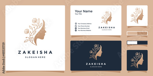 Woman beauty logo design with flowers and business card