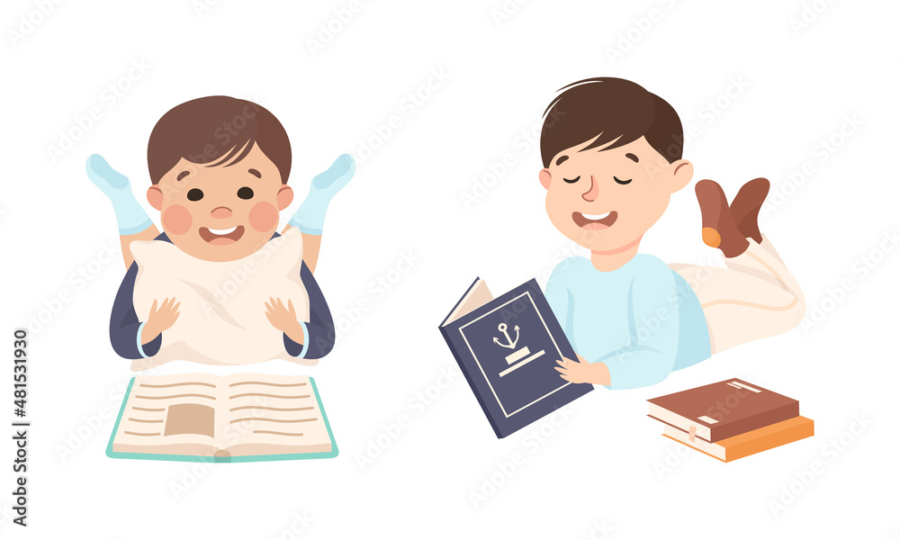 Little Boy Lying Enjoying Reading Book Vector Set Little Boy Lying Enjoying Reading Book Vector Set