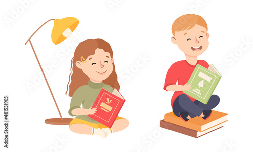 Little Boy and Girl Sitting and Enjoying Reading Book Vector Set