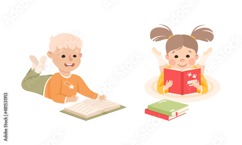 Little Boy and Girl Lying Enjoying Reading Book Vector Set