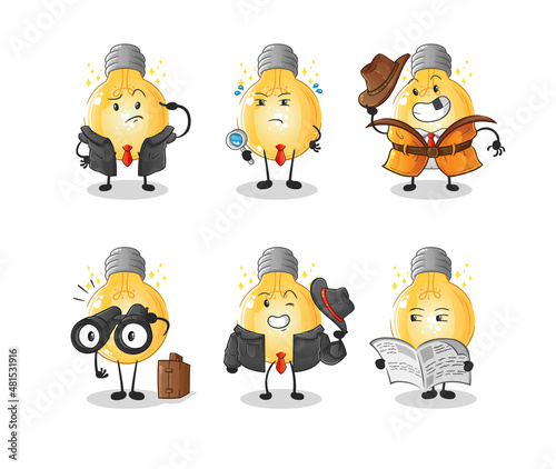 bulb detective group character. cartoon mascot vector