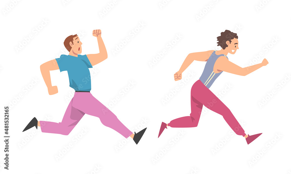 Man Character Running in a Hurry and Hasten Somewhere Vector Set