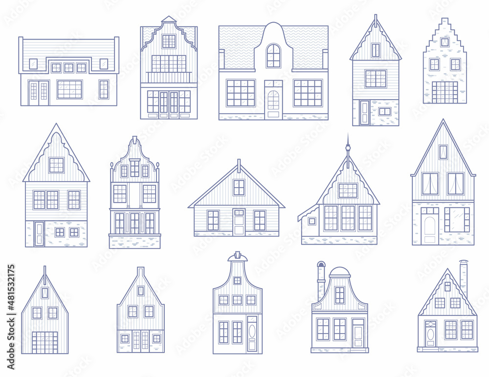 Amsterdam houses. Facades of European old buildings. Holland homes. Vector set outline illustration