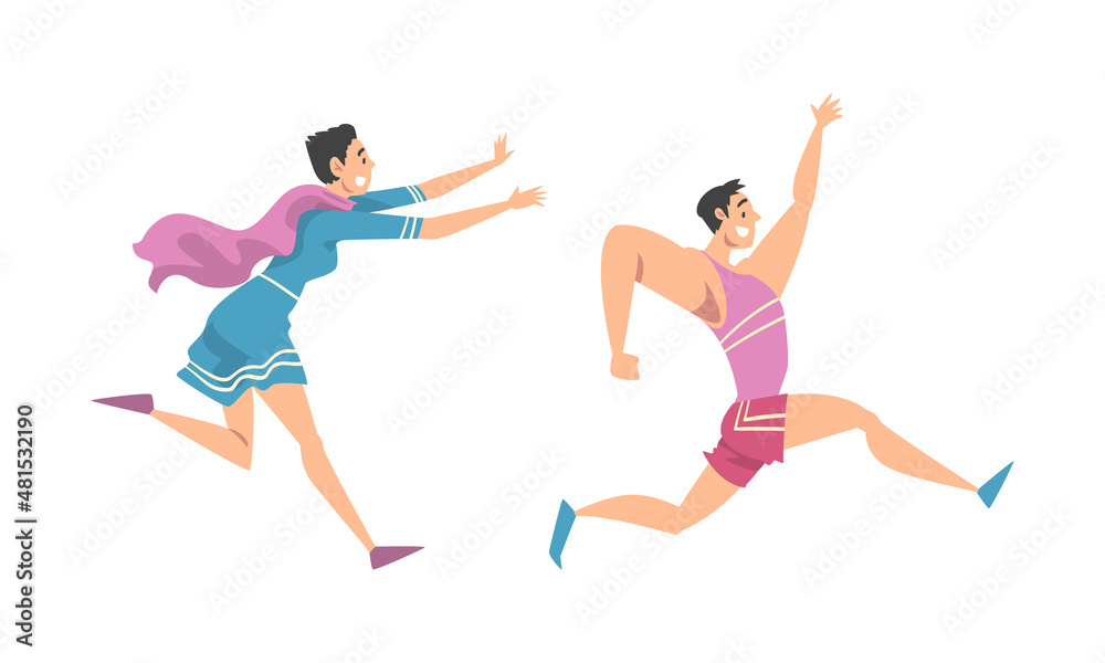 Man and Woman Character Running in a Hurry and Hasten Somewhere Vector Set