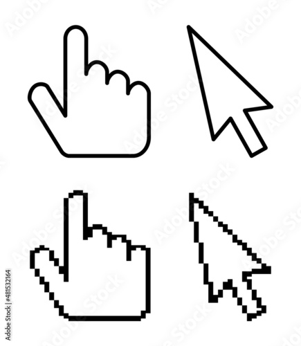 Mouse Cursor Icons Isolated. Hand with Finger and Arrow Pointer. Pixel and Line Design for Computer, Web, Applications. Pixelated and Regular Style, Black and White Color. Vector Illustration