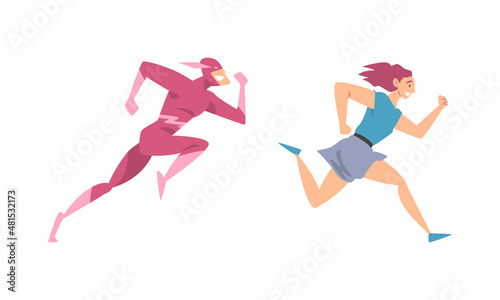 Man and Woman Character Running in a Hurry and Hasten Somewhere Vector Set