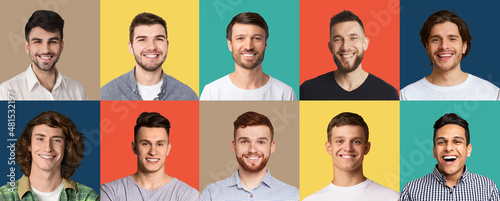 Young multiracial guys smiling over studio backgrounds, set of portraits © Prostock-studio