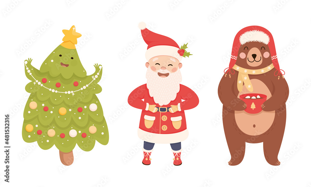 Cute Santa Claus and Fir Tree as New Year Character Standing and Smiling Vector Set Cute Santa Claus and Fir Tree as New Year Character Standing and Smiling Vector Set