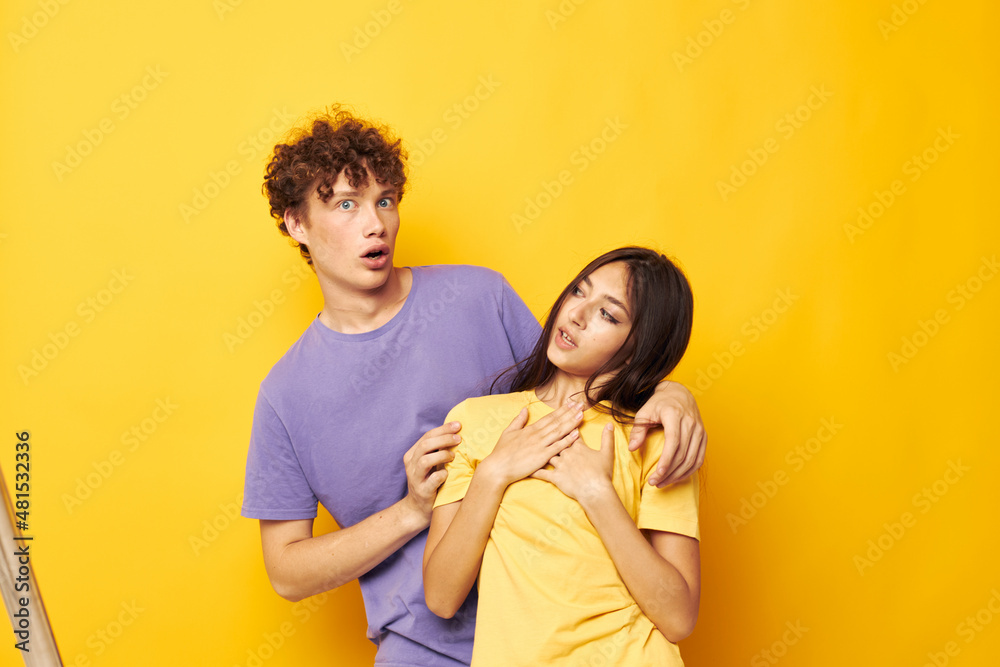 teenagers Friendship posing fun studio yellow background unaltered teenagers Friendship posing fun studio yellow background unaltered