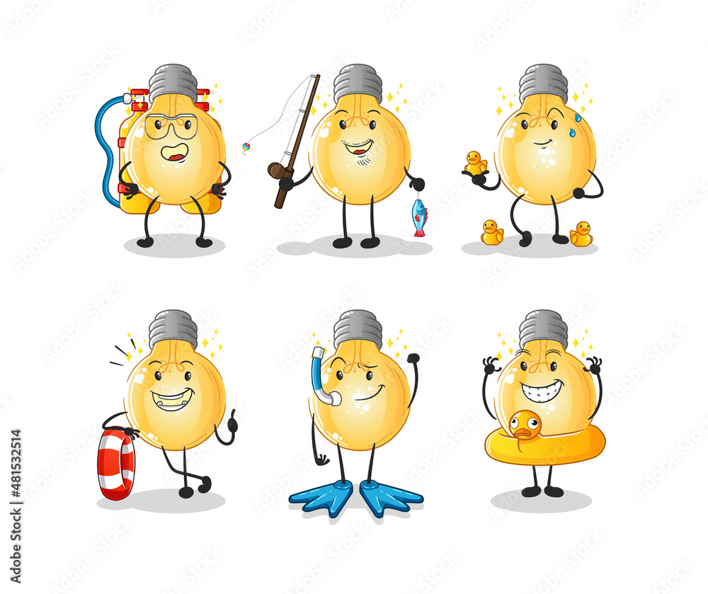 bulb water activity group. cartoon mascot vector bulb water activity group. cartoon mascot vector