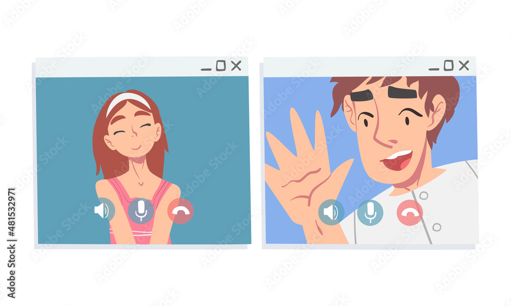 Fototapeta premium Video Conference Screen with Man and Woman Calling Friend and Communicating Via Internet App Vector Set