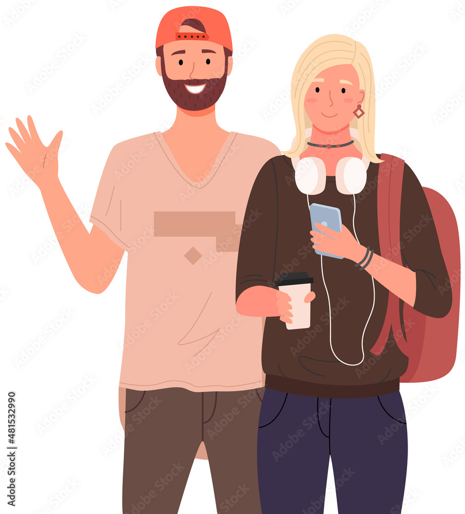 Happy school pupils or college students standing with books. Portrait of smiling people with backpacks. Diverse college, university students, schoolgirl and schoolboy with notebook and laptop studying