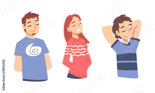 Smiling Man and Woman Character Looking at Someone Demonstrating Attention Vector Set