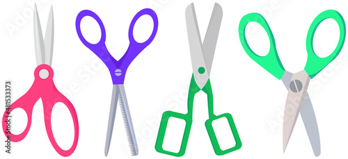 Various shapes scissors set. Tool made of blades and plastic handles. Equipment for creativity, cutting materials. Iron scissors with colorful handles isolated on white. Sharp cutting tool, clippers