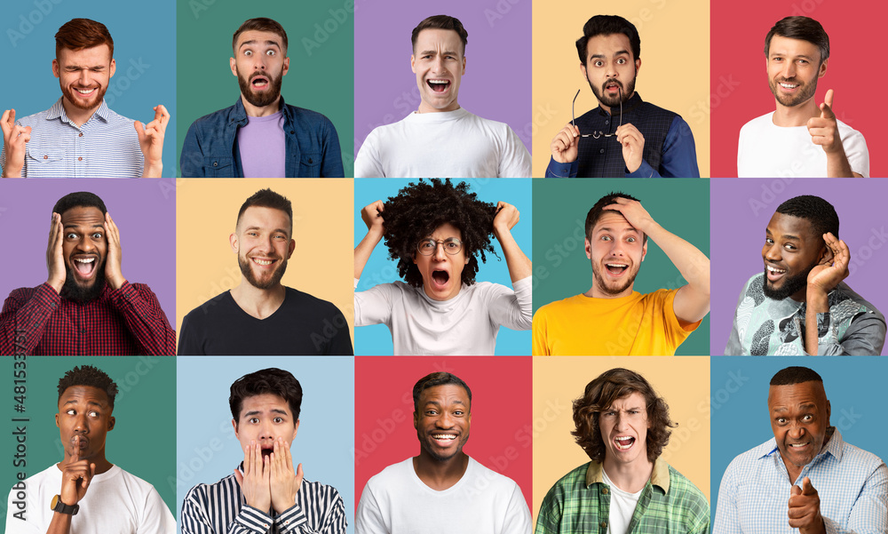 Collage of diverse guys expressing different emotions on colorful backgrounds - obrazy, fototapety, plakaty 