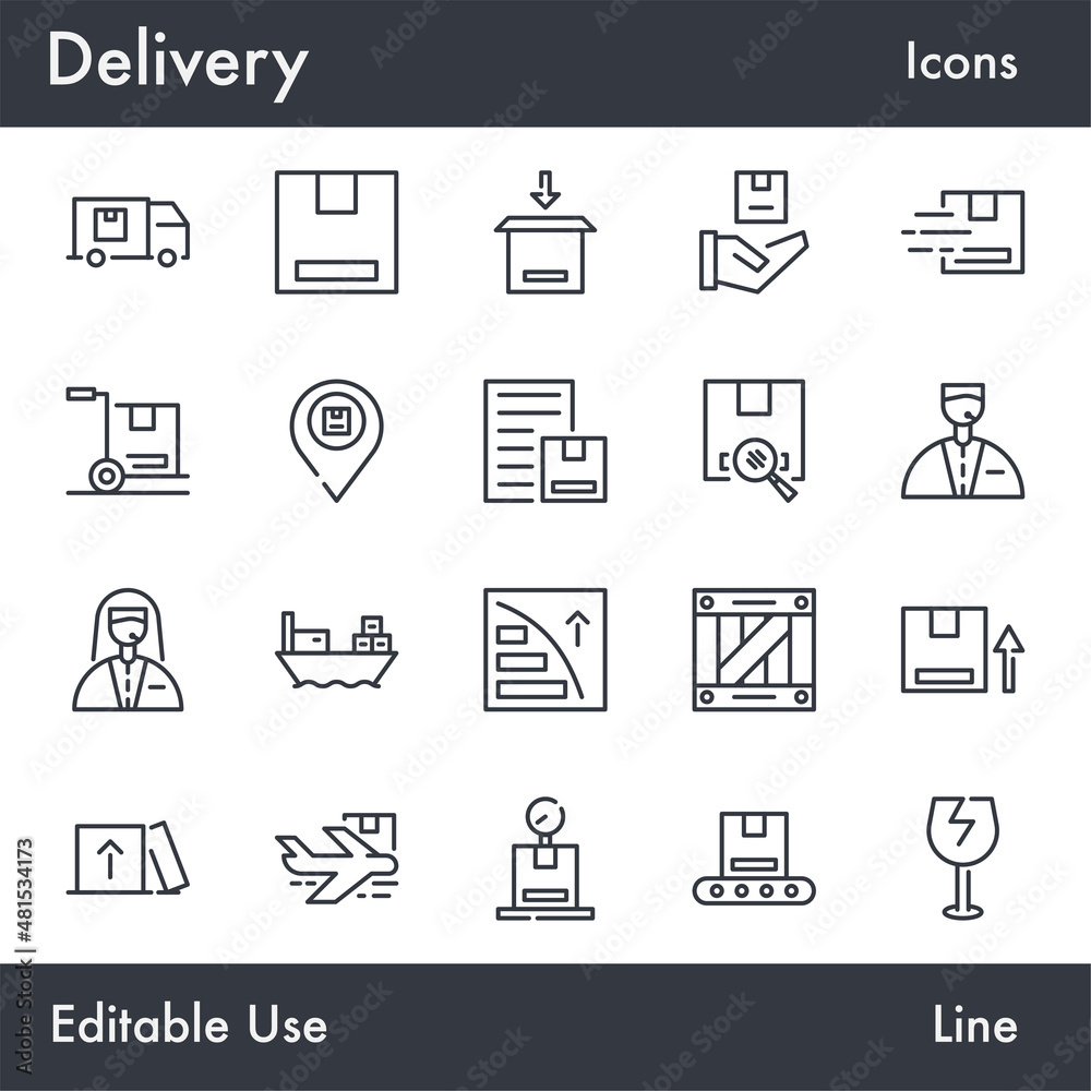 Simple Delivery and Logistic vector line icon set. Contains linear outline icons like Shipping, Customer Service, Package, Airplane, Container, Truck, Box. Editable use and stroke for Infographic, Web Simple Delivery and Logistic vector line icon set. Contains linear outline icons like Shipping, Customer Service, Package, Airplane, Container, Truck, Box. Editable use and stroke for Infographic, Web