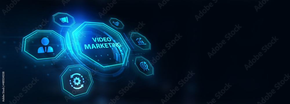 Video marketing and advertising concept on screen.  Business, Technology, Internet and network concept.3d illustration