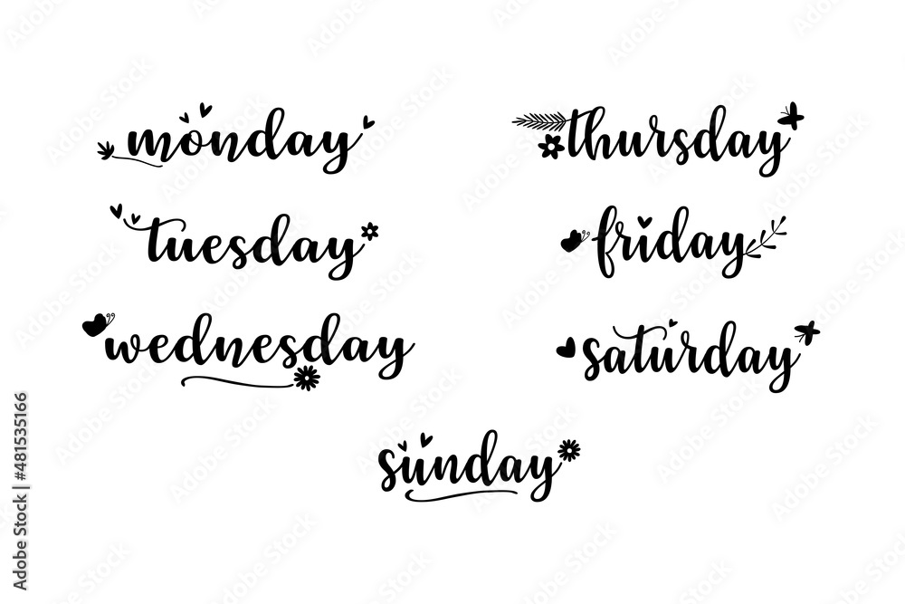 Vector - Handwritten day of the week. Monday, Tuesday, Wednesday, Thursday, Friday, Saturday and Sunday. Black color.