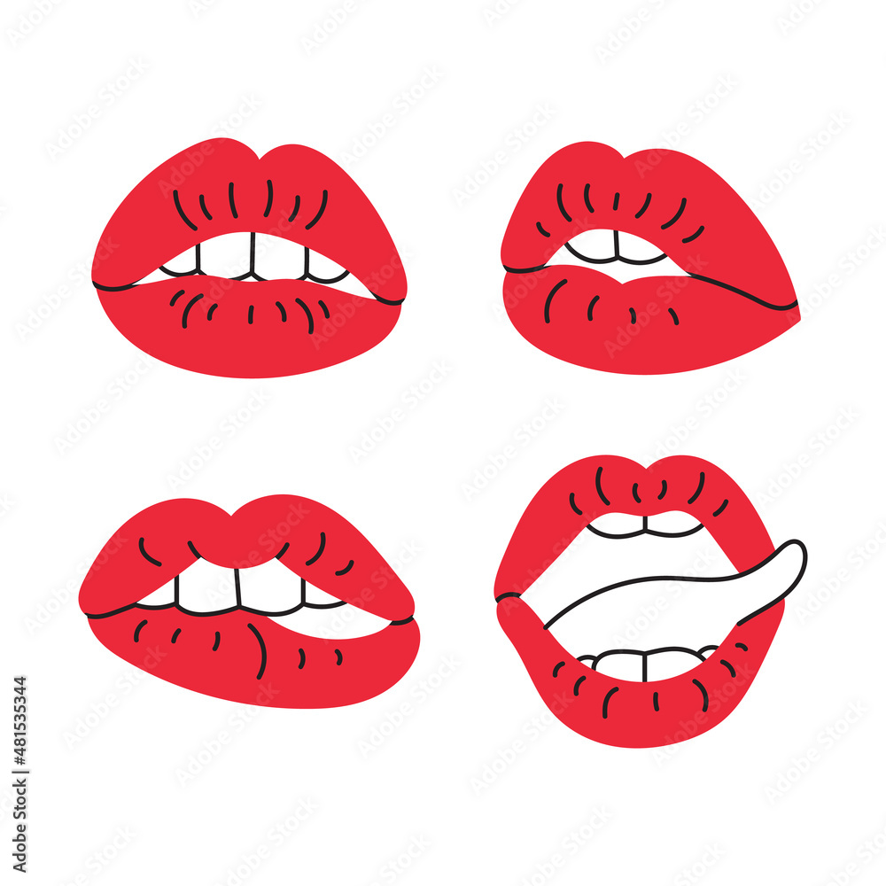 A set of illustrations of women's red lips. Open and closed mouth,teeth,beauty and cosmetics icons. Red lipstick isolated on a white background.Flat,cartoon,doodle. A set of illustrations of women's red lips. Open and closed mouth,teeth,beauty and cosmetics icons. Red lipstick isolated on a white background.Flat,cartoon,doodle.