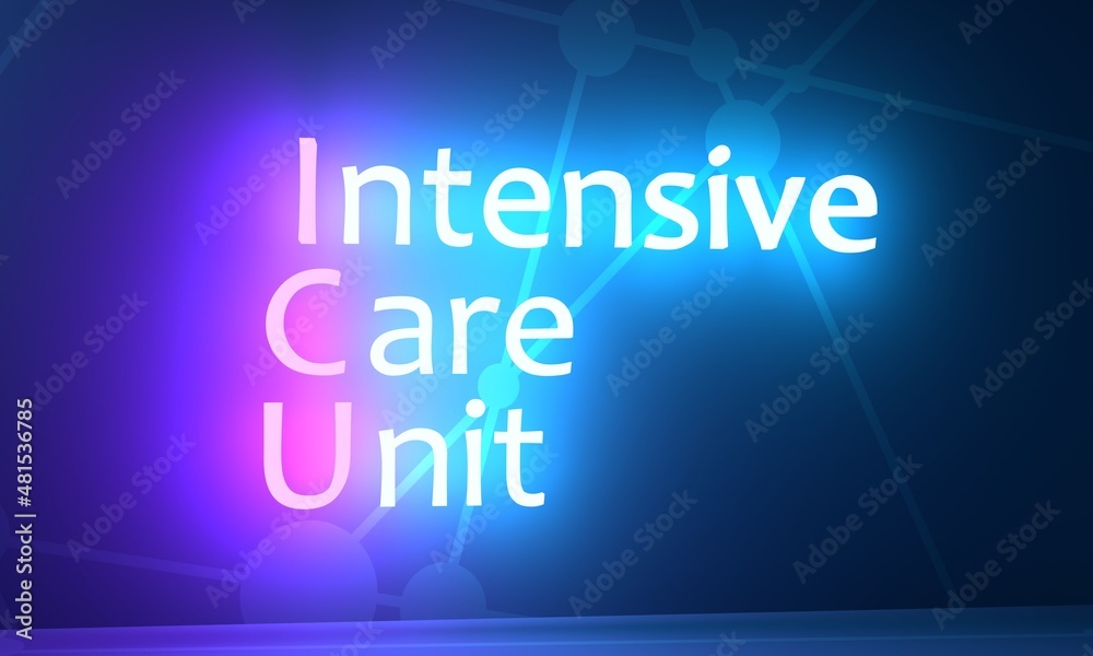 ICU mean intensive care unit medical acronym. Neon shine text. 3D render