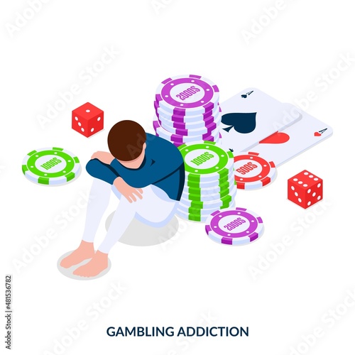 Gambling addiction. A man sits clasping his knees against the backdrop of casino chips, dice and cards. Isometric vector illustration on white background.