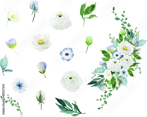 Watercolor white flowers and green leaves separated set for beautiful nature decoration design white Vintage flowers bouquet