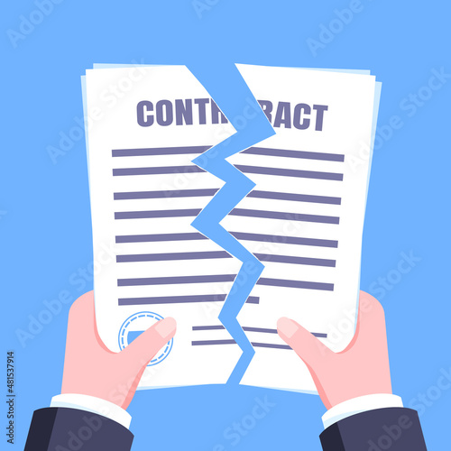 Contract cancellation business concept. Hands hold terminated tearing contract paper sheet breach flat style design vector illustration isolated on white background.