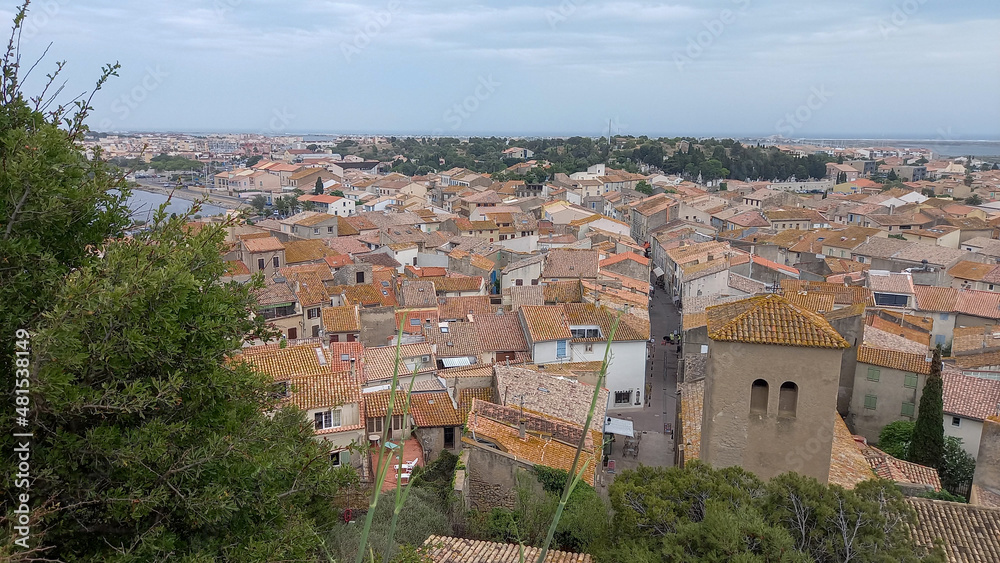 Gruissan panoramic top aerial view of city in south France in Occitanie