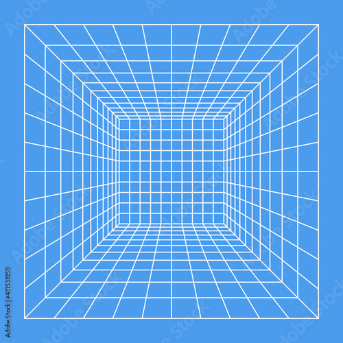 Wireframe perspective cube. 3d wireframe grid room. 3d perspective laser grid. Cyberspace blue background with white mesh. Futuristic digital hallway space in virtual reality. Vector illustration.