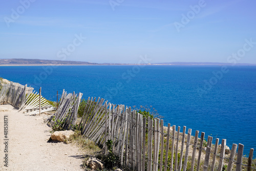 Fototapeta Naklejka Na Ścianę i Meble -  Leucate sea coast wooden fence in mediterranean coast in south sea beach Pyrenees Orientales in Languedoc-Roussillon France