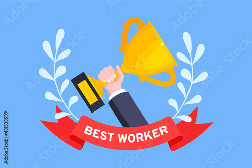 Best worker employee winner with trophy cup inside award ribbon and floral wreath flat style design vector illustration. Employee of the month, talent award, best worker competition prize.