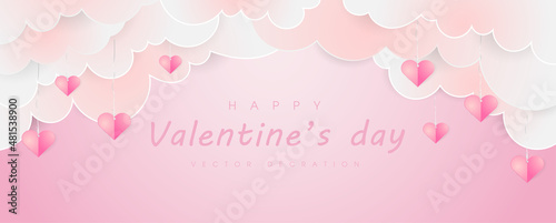 Happy valentines day greeting background in papercut realistic style. Paper clouds, flying realistic heart on string. Pink banner party invitation template. Calligraphy words text sign on copy space.  © WEERASAK
