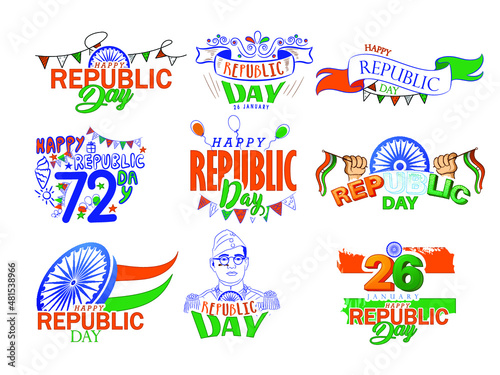 Happy Republic Day of India 26January Typography Vector set with National Flag colours for Happy Indian Republic Day celebration.