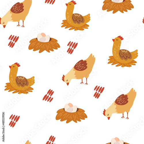 Chicken seamless pattern. Poultry and eggs background. Perfect elements for food or agriculture design. Ester. Vector cartoon Illustration.