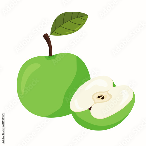 Green apple with a leaf and half an apple