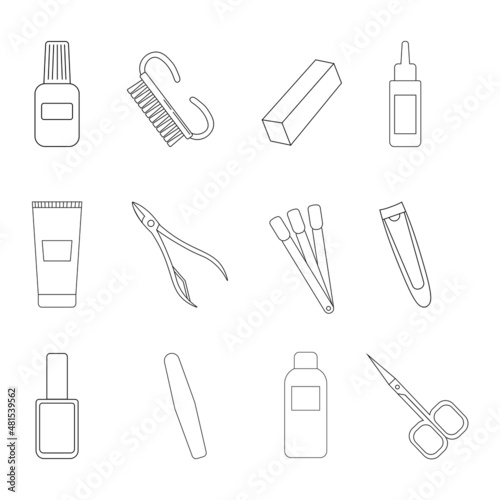 Manicure linear icons set. Nail polish, scissors, nail polish, cuticle nippers, palette, brush. Thin line isoline symbols. Isolated vector illustration