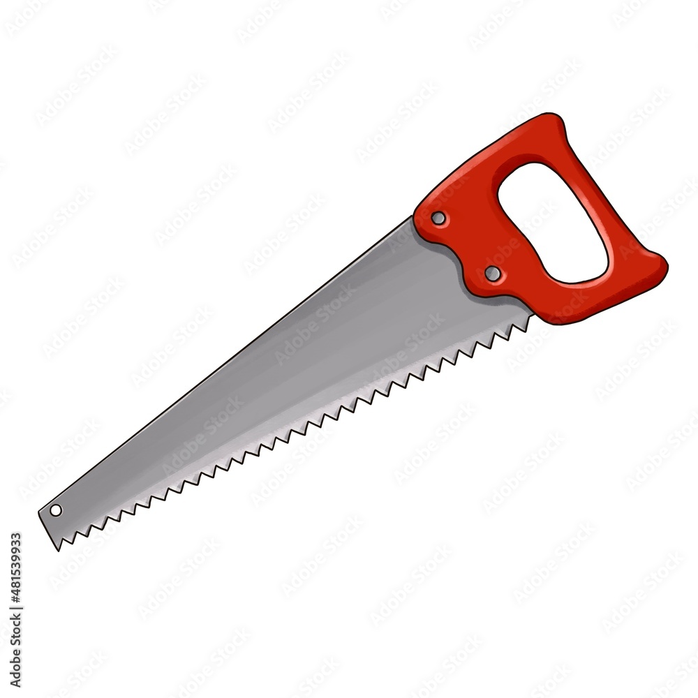 drawing hand saw isolated at white background, hand drawn illustration