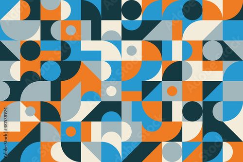 Flat geometric elements mosaic seamless backgrounds with lines, shapes, circles in vibrant color. Trendy geo tracery abstract decorative texture for cover, poster, banner, card.