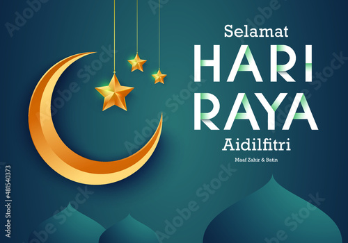 Modem and elegant hari raya greeting with lanterns, moon and stars. The Malay words mean “ happy hari raya” and “ May you forgive us”
