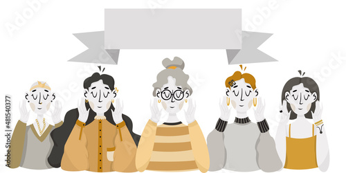 International Women's Day background with space for text.  Five different dreamy women. Concept for the March 8 women's day. Can be used for poster, card, postcard and print.